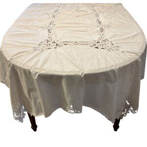 Vintage White Cotton Tablecloth With Intricate Lace Cutwork Design 60x98 Inches‎